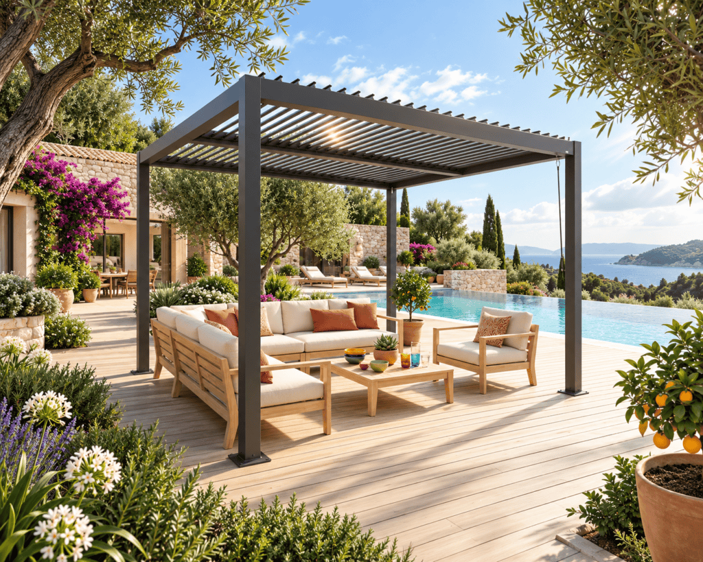 Fixed aluminium louver pergola shading a villa terrace