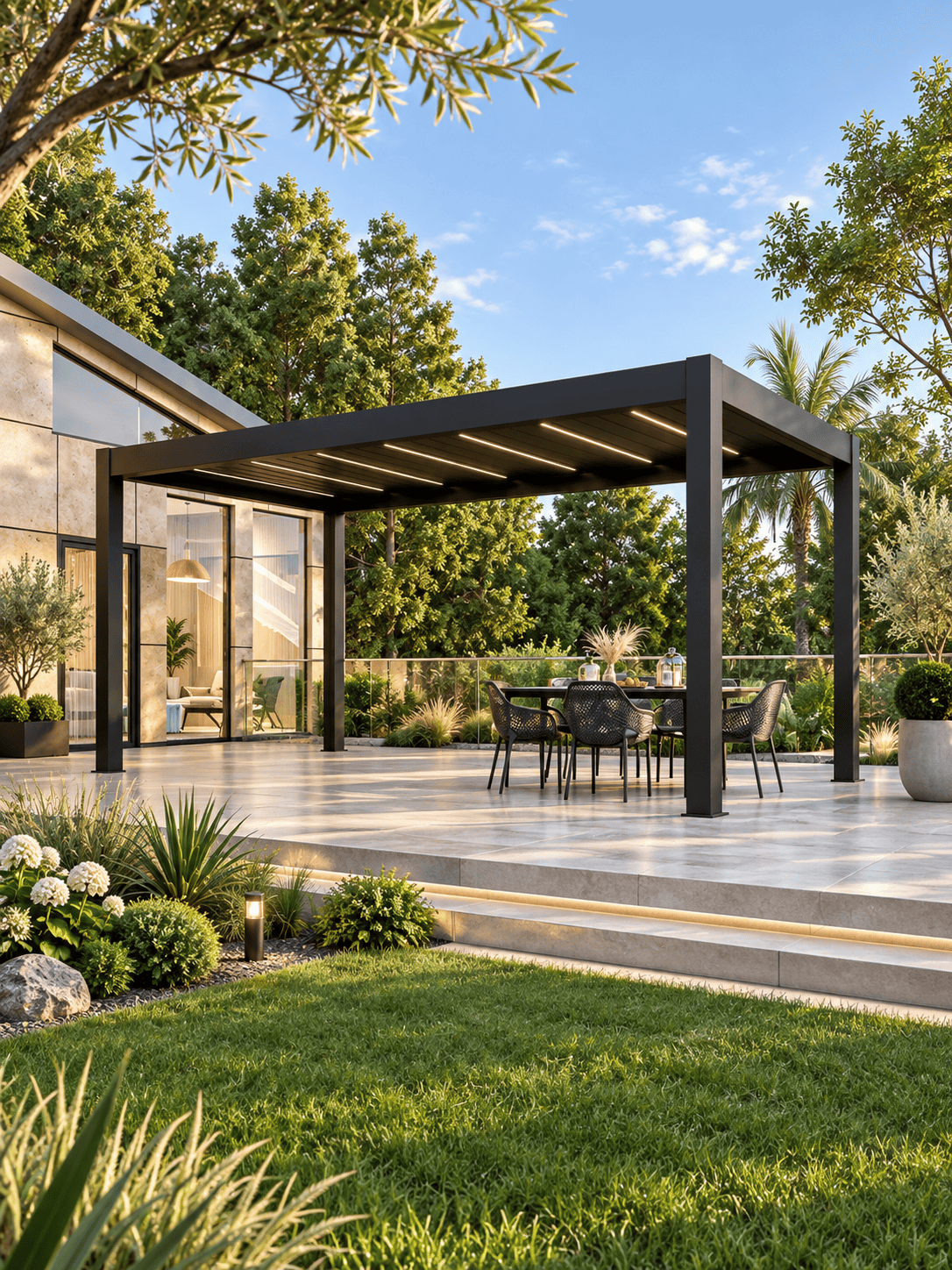Remote-controlled motorized louvered pergola
