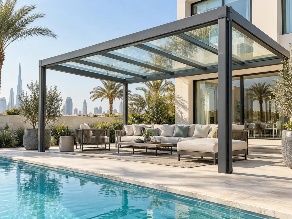 Freestanding aluminium glass roof pergola beside a Dubai villa pool