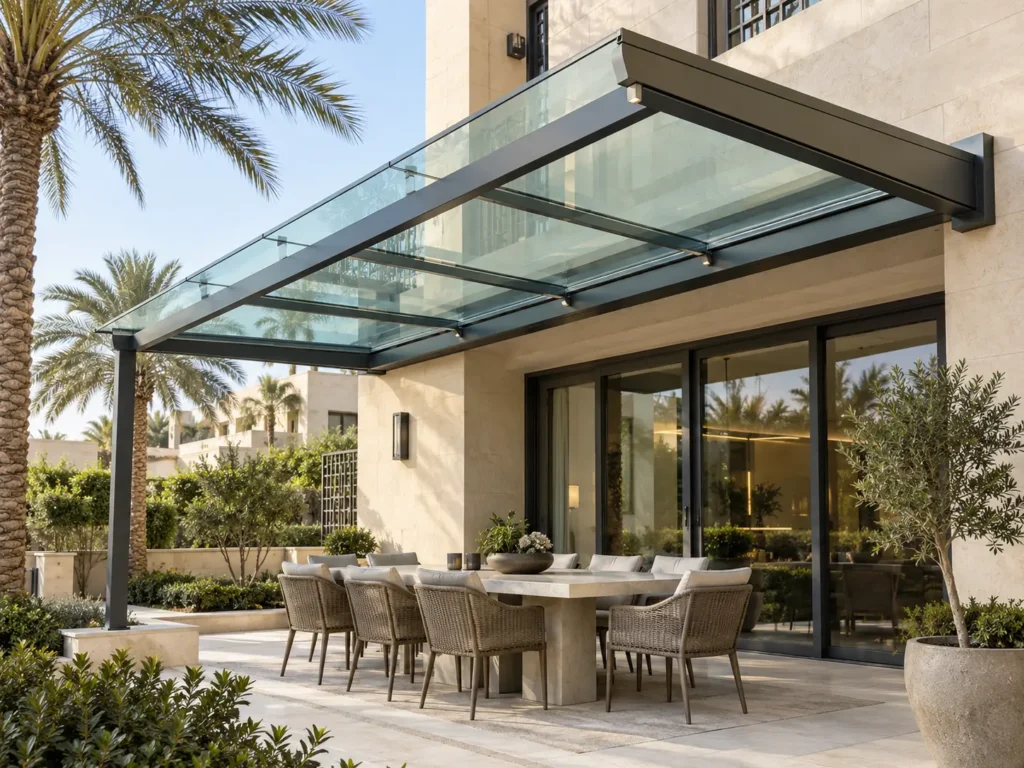 Wall-mounted glass roof pergola over a Dubai villa dining terrace