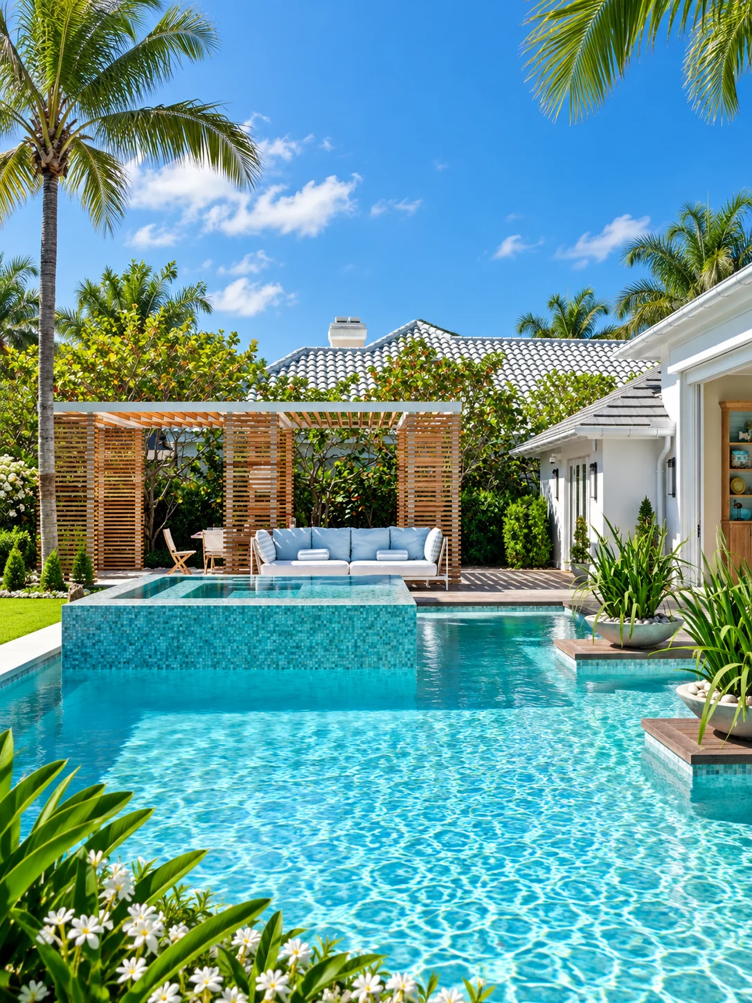 Pergola beside a villa swimming pool